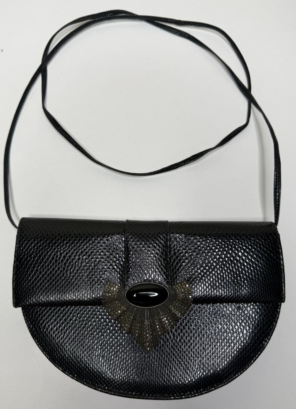 Vintage Judith Jack Clutch Black Embossed Leather Silver Brooch Clasp Art Deco
